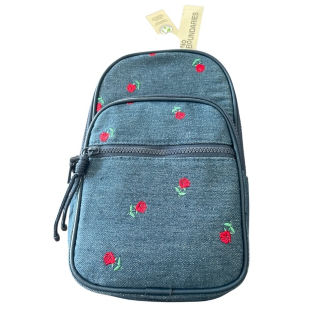 Denim Backpack with Red Rose Embroidery